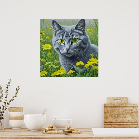 Poster Chat gris mignon avec Yellow Eyes Ai Art (Cuisine)