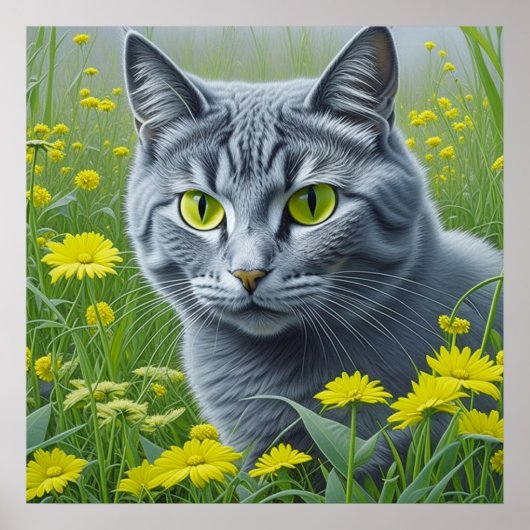 Poster Chat gris mignon avec Yellow Eyes Ai Art (Devant)