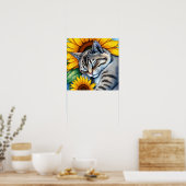 Poster Chat Gris Mignon Endormi et Tournesol (Cuisine)