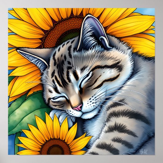 Poster Chat Gris Mignon Endormi et Tournesol (Devant)