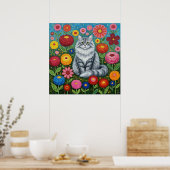 Poster Chat gris rayé et duveteux avec des fleurs d'art f (Cuisine)