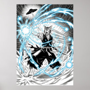 Poster Chat Guerrier de Style Manga Épique Faisceau d'Éne