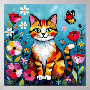 Poster Chat Impasto, Fleurs & Papillon