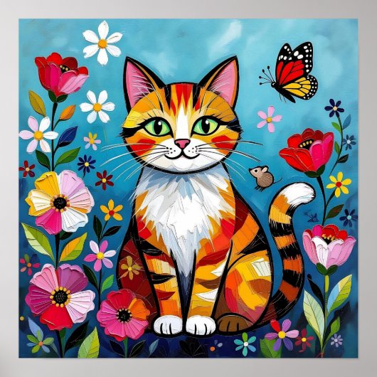 Poster Chat Impasto, Fleurs & Papillon (Devant)
