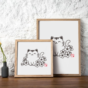 Poster Chat japonais mignon et Sakura avec timbre "Neko"