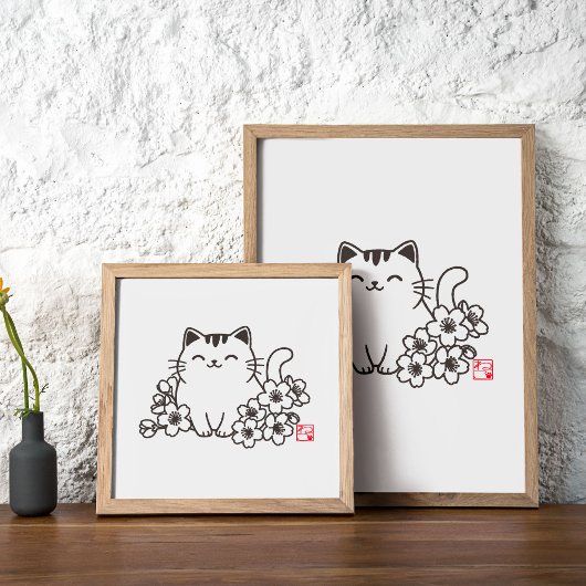 Poster Chat japonais mignon et Sakura avec timbre "Neko"