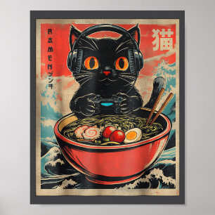Poster Chat japonais rétro Ramen drôle de chat de joueur