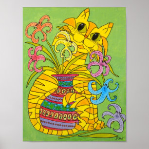 Poster Chat jaune avec Vase de Lilies