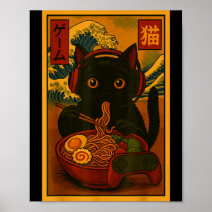 Poster Chat joueur mangeant du Ramen à la japonaise