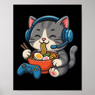 Poster Chat joueur mangeant du Ramen - Amoureux de jeu co