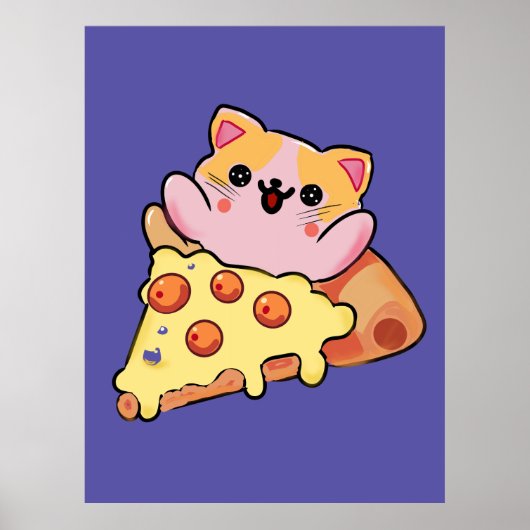 Poster Chat Kawaii Personnalisé Enlaçant une Pizza au Pep (Devant)
