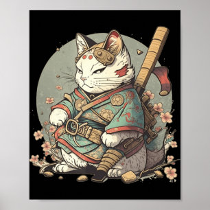 Poster Chat Kawaii Style Samurai Anime Kitten japonais