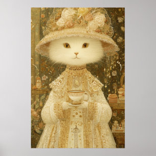 Poster Chat Lady Snow – Chat victorien avec tasse à thé
