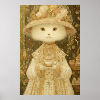 Poster Chat Lady Snow – Chat victorien avec tasse à thé