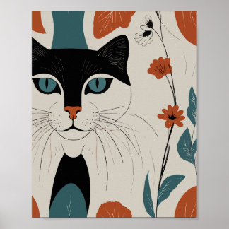 Poster Chat Lined avec fleurs colorées