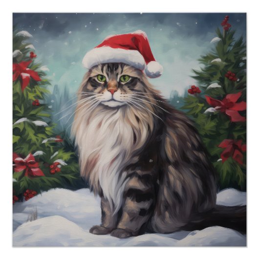 Poster Chat Maine Coon à Noël de neige (Devant)