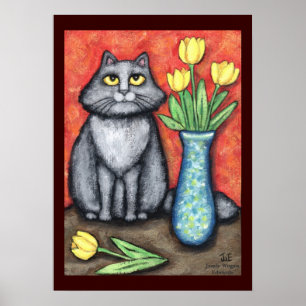 Poster Chat Maine Coon Avec Tulipe Art Imprimer