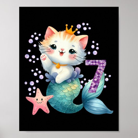 Poster Chat Mermaid 7e anniversaire 7 ans Fille ou (Devant)
