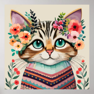 Poster Chat mignon aquarelle florale