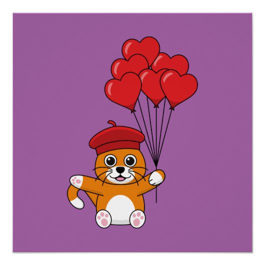 Poster Chat mignon avec Ballons de Coeur Rouge (Devant)