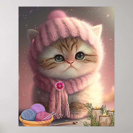 Poster Chat mignon avec chapeau en tricot rose et écharpe (Devant)