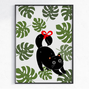 Poster Chat Mignon Avec Feuilles de Monstera à Nœud