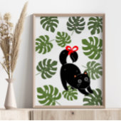 Poster Chat Mignon Avec Feuilles de Monstera à Nœud