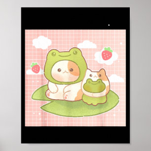 Poster Chat Mignon Grenouille Fraise Rétro 90s Cottagecor