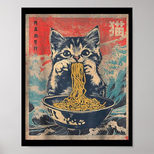 Poster Chat Mignon Mangeant Des Nouilles Ramen Cadeau Drô (Devant)