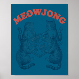 Poster chat mignon meowjong jouant au mahjong rétro