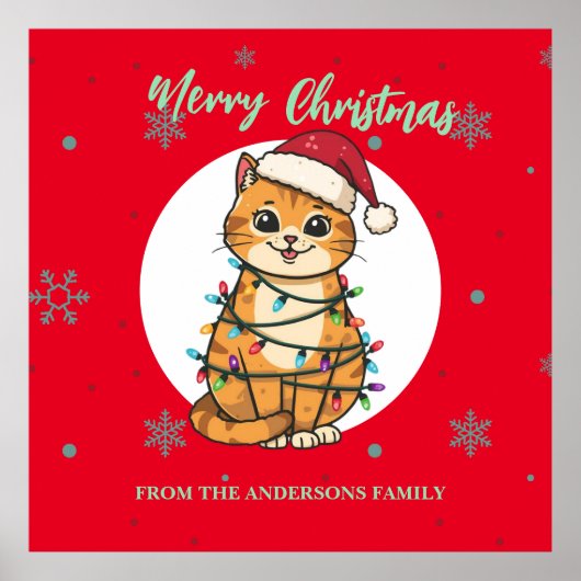 Poster Chat moderne joyeux rouge flocon de neige Noël cha (Devant)