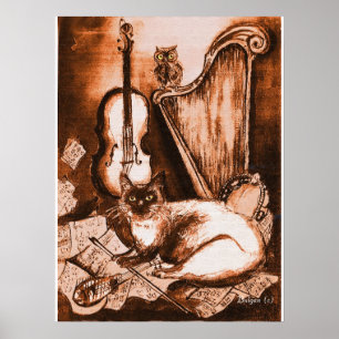 Poster CHAT MUSICAL ET OWL, Brown et blanc