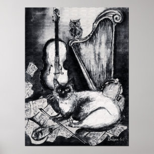 Poster CHAT MUSICAL, HIBOU, VIOLON, HARPE Noir Blanc Gris