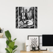 Poster CHAT MUSICAL, OWL, VIOLIN, HARP Black White Grey M (Bureau à domicile)