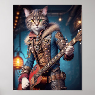 Poster Chat musicien en robe steampunk bleue jouant de la