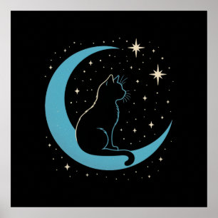 Poster Chat mystique sur le ciel nocturne de la Lune bleu