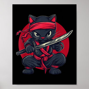 Poster Chat Ninja Samurai Japon Drapeau japonais Kawaii F