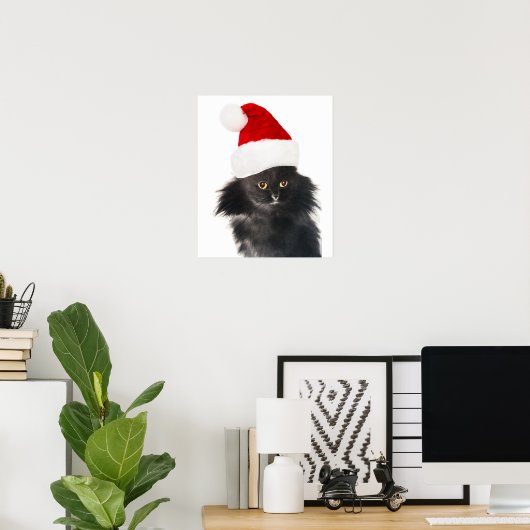 POSTER CHAT NOËL NOIR AVEC CASQUETTE SANTA CLAUS (Bureau à domicile)