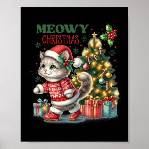 Poster Chat Noël Père Noël Chapeau Et Arbre Drôle Meowny