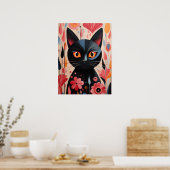 Poster Chat Noir Adorable Avec Fleurs Roses (Cuisine)
