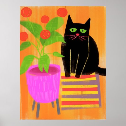 Poster Chat Noir Adorable Avec Plantes (Devant)