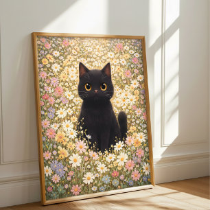 Poster Chat Noir Adorable dans un Champ de Marguerites Af