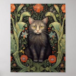 Poster Chat noir Art nouveau et fleurs rouges