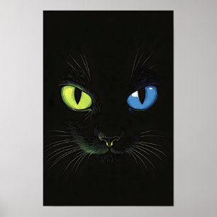 Poster Chat noir aux yeux verts et bleus