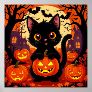 Poster Chat Noir Avec Citrouilles Halloween Mignon Épouva