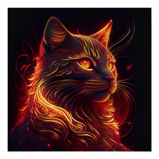 Poster Chat noir avec feu rouge et or Aura brillant (Devant)