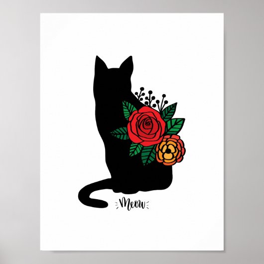Poster Chat Noir Avec Fleurs (Devant)