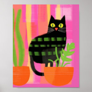 Poster Chat Noir Avec Plantes Rose Vert Orange