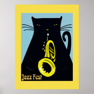 Poster Chat noir avec trompette
