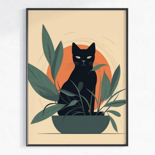 Poster Chat Noir Botanique Amateur de Plantes Minimaliste